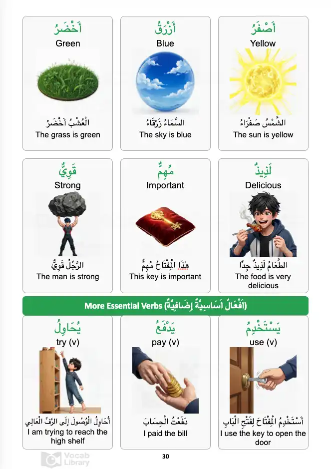 Colors, Adjectives and Verbs Vocabulary